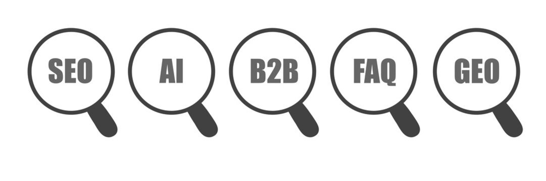 B2B Marketing and Customer Support Icons with SEO AI FAQ and GEO Search Symbols