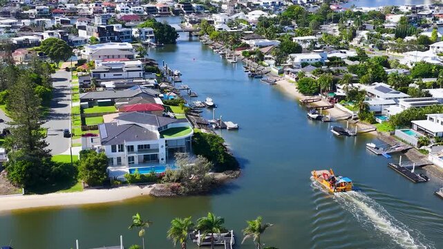 Aerial View of Luxury Waterfront Homes and Canal in Gold Coast Australia