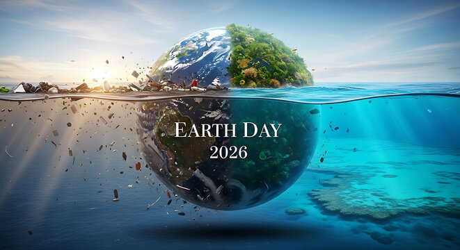 Split Earth shows environmental crisis and clean ocean with coral reefs, representing Earth Day 2026 contrast