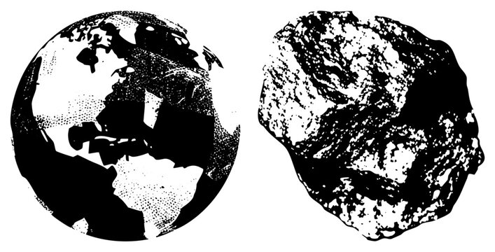 Black and white halftone globe with continents, asteroid with rugged texture, vector illustration, space science, celestial, planetary.