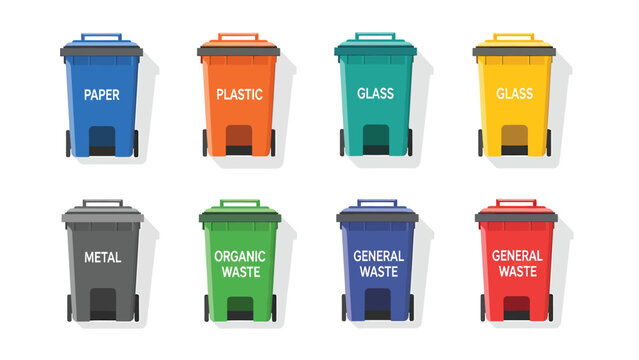 Colorful Recycling Bins Set for Waste Sorting and Segregation - Flat Design Vector Illustration