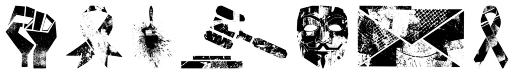 Obraz premium Protest fist, awareness ribbons, paintbrush, gavel, mask, abstract shapes, symbolic, activist visuals, distressed textures, social justice motifs.