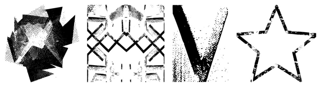 Four stylized vector rendered in halftone texture star, V shape, lattice, and angular cluster. Graphic elements with grainy dot shading, ideal for retro or digital art contexts.