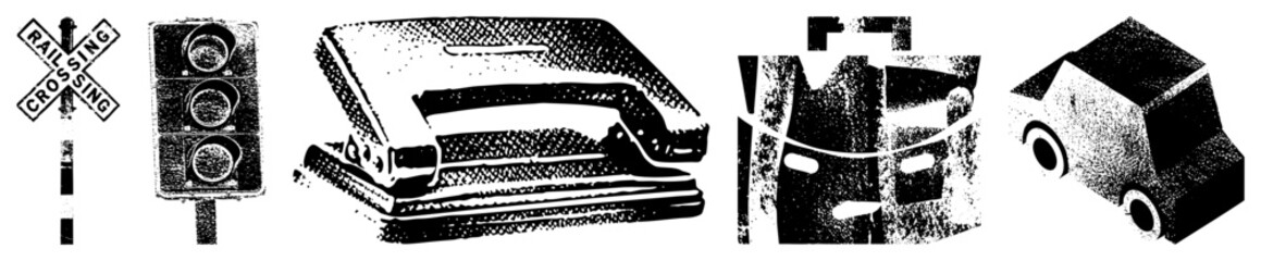 Obraz premium Railway warning sign, traffic, paper puncher, garment hanger, toy car halftone vector, isolated foreground elements.