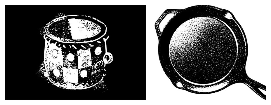 Halftone rendered drum with and cast iron skillet with handle, both isolated vector graphics, classic kitchen and percussion tools.