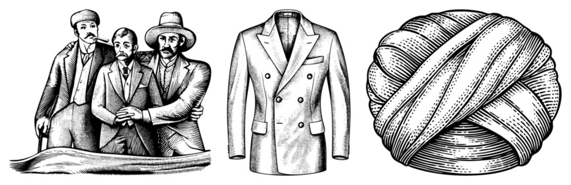 Three men in early 20th century suits, one smoking cigar, another with hat, third with turban, rendered in halftone style, isolated vector graphic.