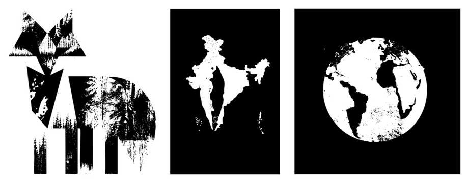 Abstract wolf rendered in fragmented geometric shapes, filled with forest texture, black and white vector art, nature inspired wildlife, stylized animal graphic.