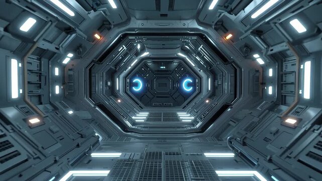 Futuristic spaceship corridor with reflective metal panels and blue lighted sleek panels