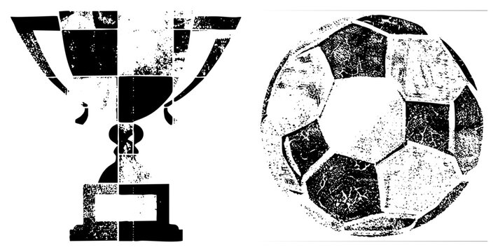 Classic sports trophy with dual handles and base, soccer ball with pentagonal panels, distressed halftone texture, vector art, athletic achievement symbols.