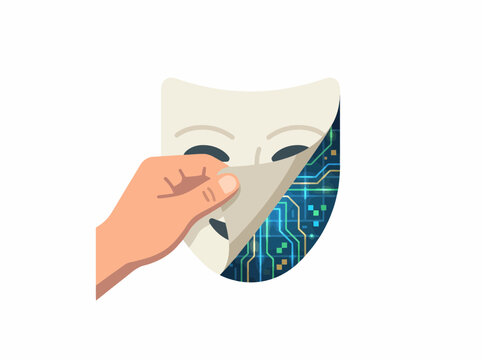 Hand peeling back a mask to reveal a digital circuit board underneath, representing deepfakes, artificial intelligence, and deception.
