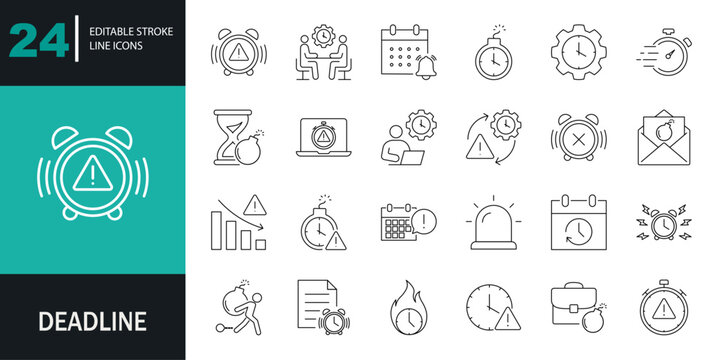 Deadline line Editable Icon set. Time-related icons: workaholic, calendar, clock, alarm, work, stress, and more. Vector illustration