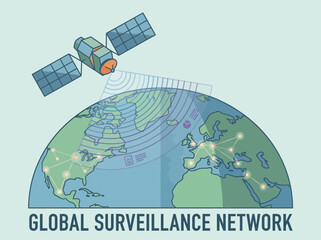 Satellite orbits Earth, transmitting data to a global surveillance network connecting continents, representing technology and monitoring. © Hossam