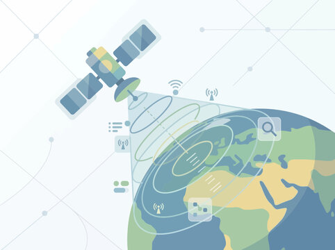 Illustration of a satellite orbiting Earth, emitting signals and data streams over continents, symbolizing global communication, connectivity, and space technology.