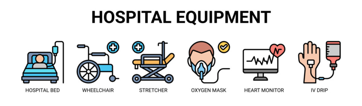 Hospital Equipment web banner icon vector illustration concept with icons of hospital bed, wheelchair, stretcher, oxygen mask, heart monitor, and IV drip.