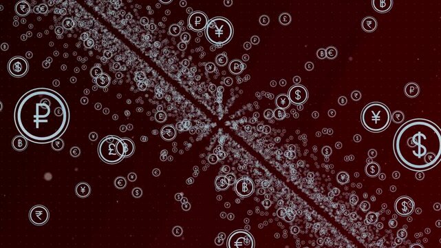 Animated cryptocurrency symbols background, radial motion with bitcoin, dollar, euro, and other currency icons on dark red