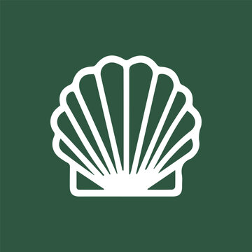 Elegant White Scallop Shell Icon on a Deep Forest Green Background