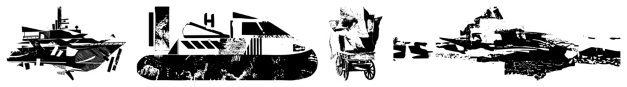 Stylized vessel forms rendered in stark black and white, graphic ship, industrial maritime, geometric maritime design, vector nautical motifs.