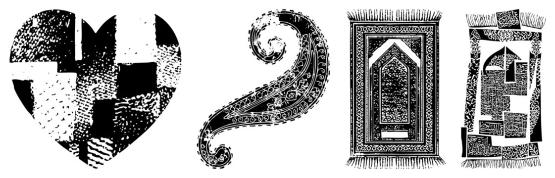 Stylized halftone graphic symbols including heart, question mark, and decorative doorways, rendered in with stippled texture and geometric framing.