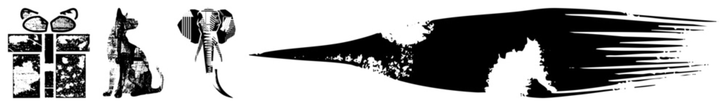 Black and white vector art featuring stylized gift box, sitting cat, elephant with skin, and swordfish in motion blur, all isolated on transparent background.