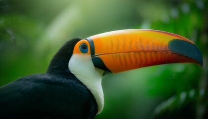 Fototapeta premium Majestic Toco Toucan portrait with vibrant orange beak in a lush tropical rainforest. Cinematic soft lighting and professional bokeh background highlighting exotic wildlife.