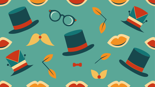 A pattern of hats and glasses and mustaches