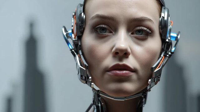 Futuristic female cyborg portrait with metallic headset soft expression cyborg woman profile with
