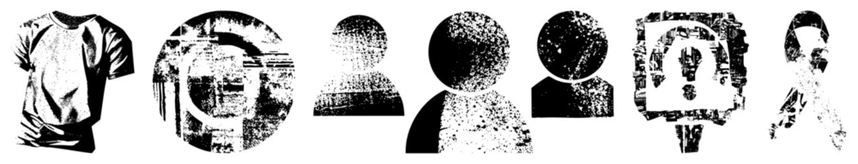 Obraz premium Stylized black and white including t shirt, question mark, user avatars, and ribbon, rendered in halftone dot, isolated vector graphics for UI design.