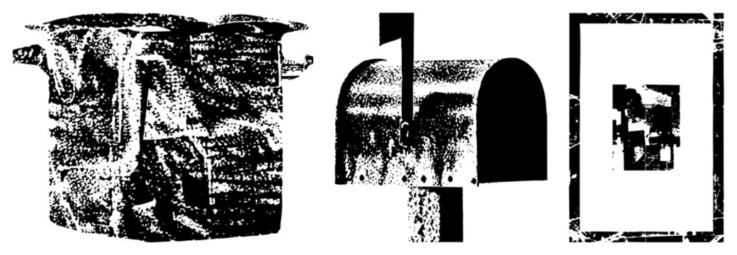 Grungy halftone vector of mailbox and pot, distressed textures, urban utility, isolated graphic elements, design.