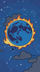 Naklejka premium Planet surrounded by flames in a starry sky at night with clouds in view