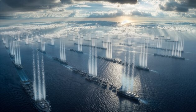 Futuristic fleet of eco-friendly cargo ships using marine cloud brightening technology at sunset. Sustainable maritime logistics and geoengineering innovation for climate change action.