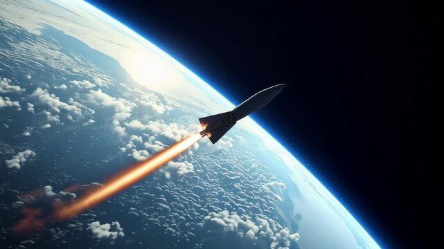 Rocket ascending above Earth with fiery exhaust and cloudscape above atmosphere into space