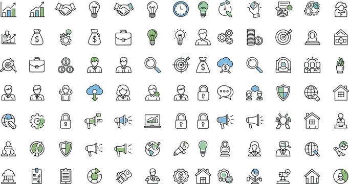 Business and finance line icons vector set with communication analytics management and corporate symbols for web apps dashboards and presentations