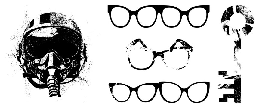Aviation helmet with oxygen mask, retro eyeglass frames in round, cat eye, and wayfarer styles, halftone texture, vector graphic, isolated elements.