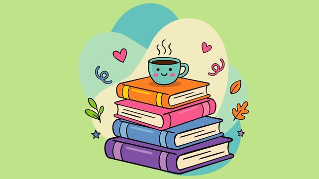 Colorful stack of books with a cute coffee cup on top, symbolizing cozy reading time, relaxation, and learning. Ideal for education, lifestyle, study moments, and peaceful reading inspiration.