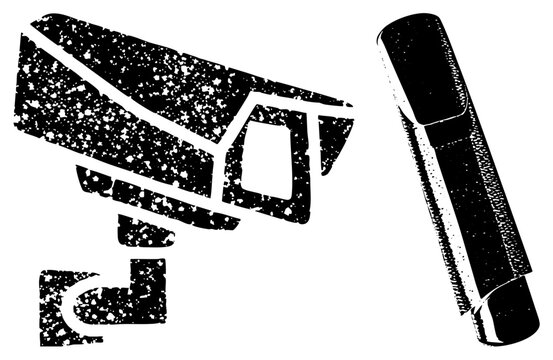 Security camera with grainy texture, microphone, surveillance equipment, security gear, monitoring tools, black and white vector graphics.
