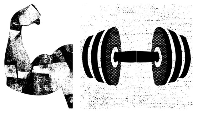 Strong flexed bicep silhouette next to dumbbell, fitness, bodybuilding graphic, gym equipment, black and white halftone vector, athletic strength, workout symbol.