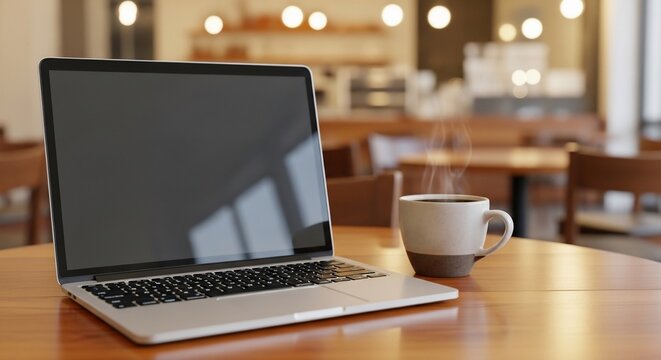 Cozy cafe ambiance: laptop and steaming coffee on a wooden table, soft bokeh lighting.