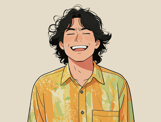 Fototapeta premium Man smiles and shows happiness while wearing a colorful shirt in a simple setting