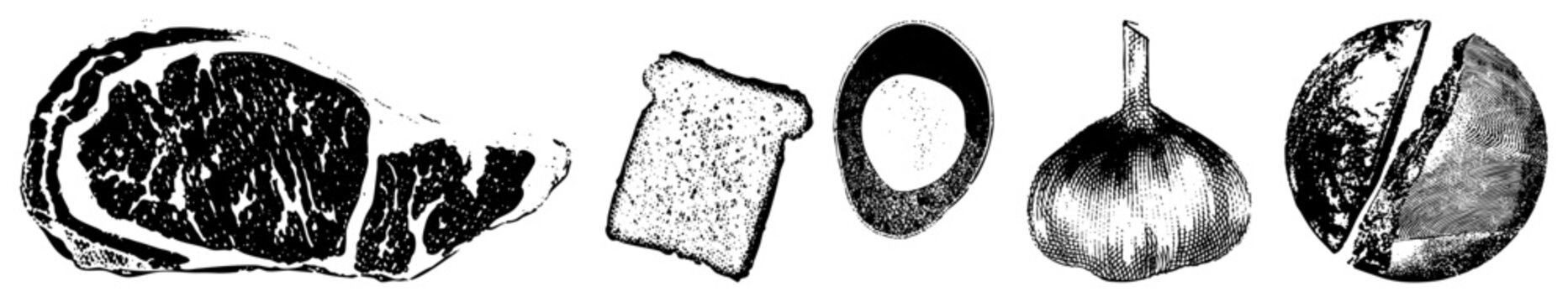 Classic black and white engraved food, rustic kitchen staples, vintage culinary art, halftone texture, food illustration set.