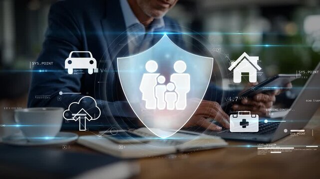 Businessman working in a caf&eacute; with tablet and laptop as digital icons appear, representing insurance coverage, family protection, health, car and home security. Protect your family.