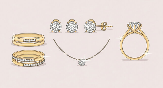 Luxury gold and diamond jewelry set with rings earrings and necklace on beige background