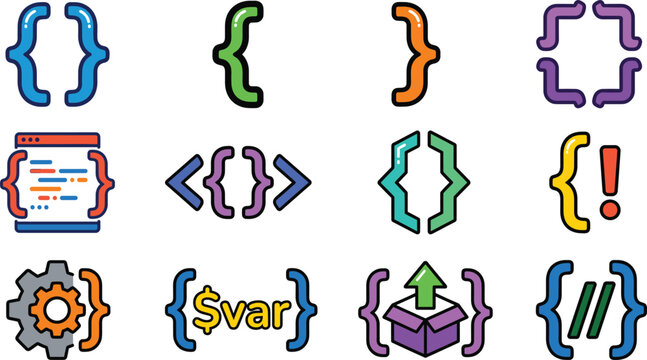 Programming code brackets colorful icons set developer syntax software engineering symbols script braces coding vector collection elements