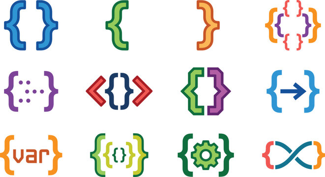 Programming code brackets icons set colorful developer symbols syntax coding software engineering script braces vector collection design elements