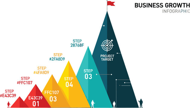 Business growth infographic vector template with mountain steps for progress strategy planning goal achievement and presentation design