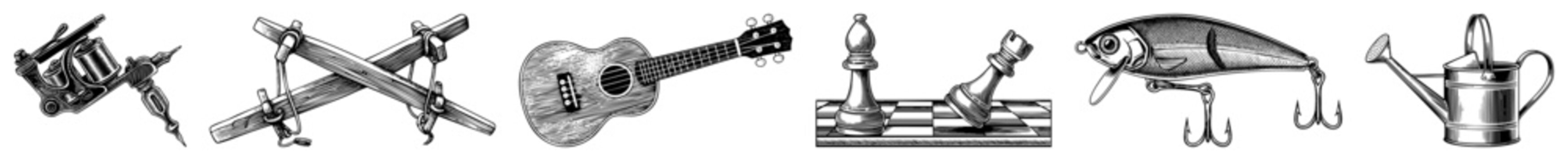 Tattoo, bowstring, ukulele, chess pieces, fishing hook, watering can, symbolic tools & crafts.