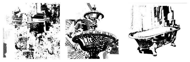 Fototapeta premium Classic decorative fountain with tiered basin and sculptural spout, vintage clawfoot bathtub with ornate feet, halftone vector illustration, bathroom fixtures, antique design, black and white graphic.