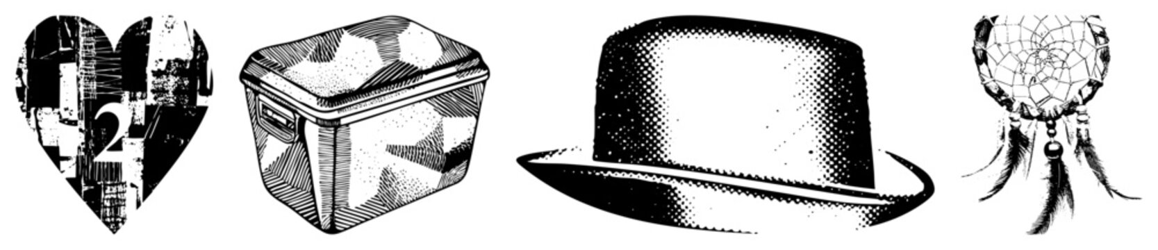 Graphic symbols including heart with urban texture, geometric cooler, halftone fedora, and dreamcatcher with feathers isolated vector art for design use.