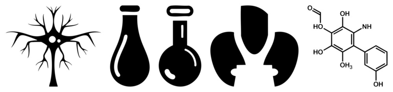 Scientific symbols representing brain cells, lab glassware, brain tissue, and molecular formula, ideal for medical or research visuals.