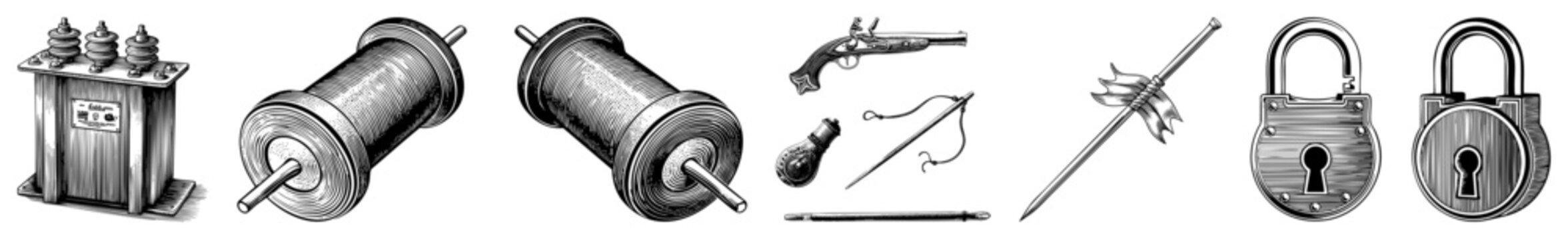 Historical engineering instruments including, spools, flintlock pistol, lightbulb, quill pen, dagger, and padlocks, rendered in classic engraved style.