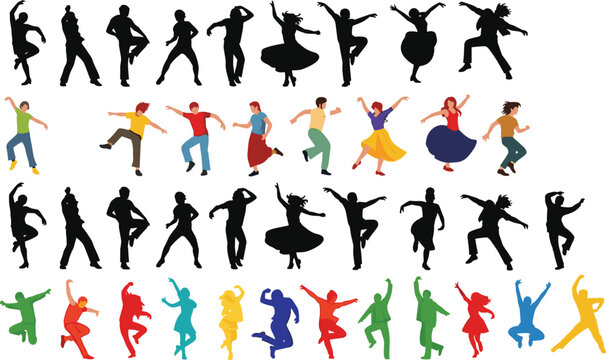 Untit Black silhouette vector illustration of dancers in expressive poses, shown in styles from detailed color to stylized solid colors concept